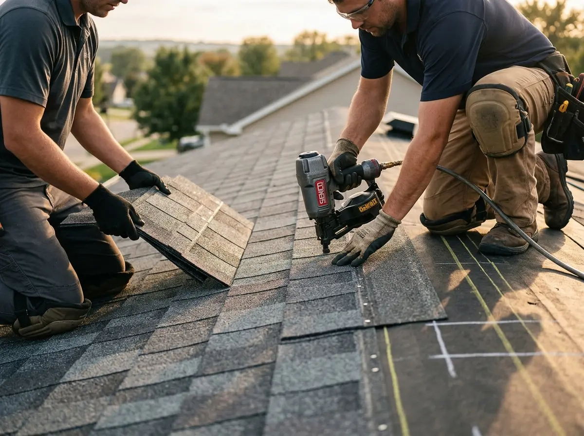 Professional roofer working on a residential roof in La Plata